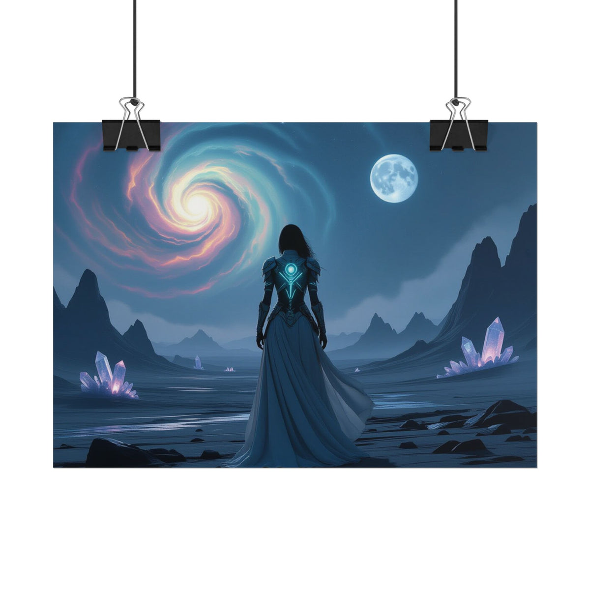 Fantasy Sci‑Fi Poster — Mystical Voyager Under Moon and Spiral Nebula