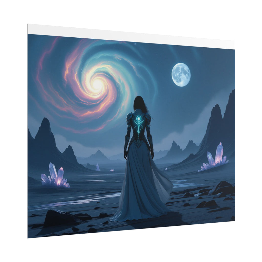Fantasy Sci‑Fi Poster — Mystical Voyager Under Moon and Spiral Nebula