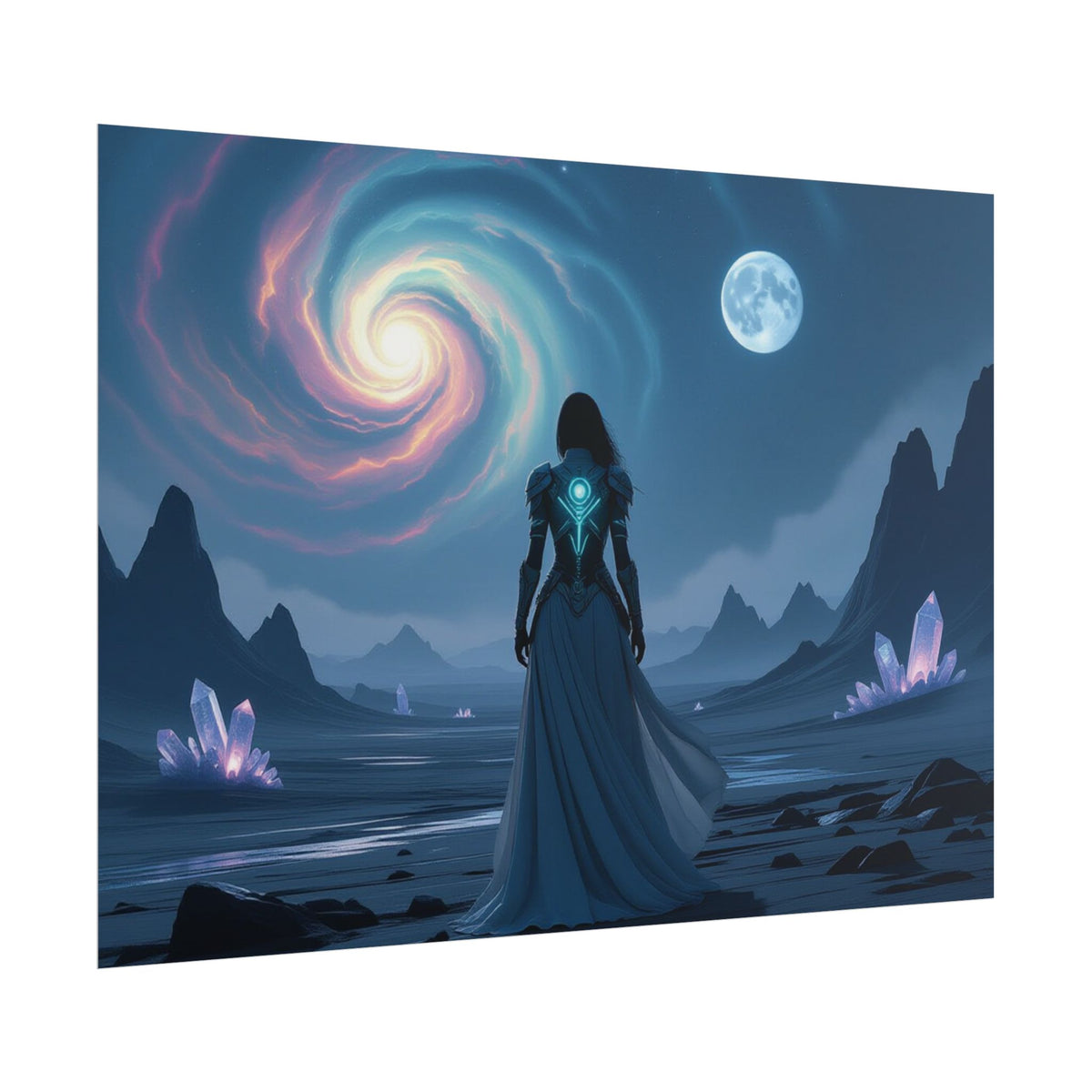 Fantasy Sci‑Fi Poster — Mystical Voyager Under Moon and Spiral Nebula