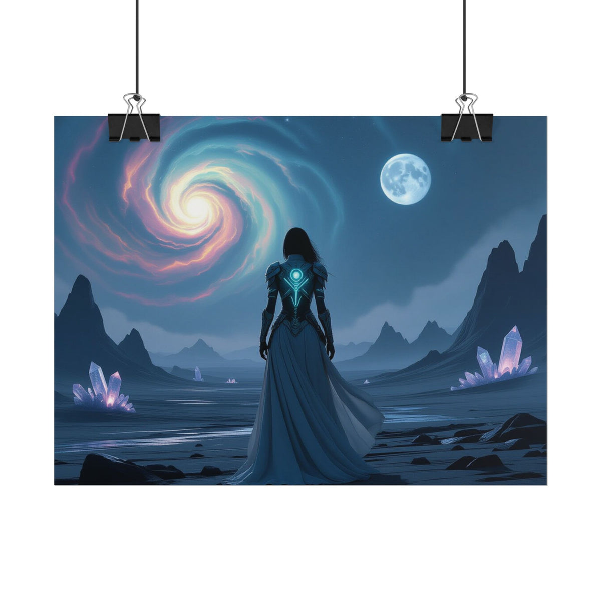 Fantasy Sci‑Fi Poster — Mystical Voyager Under Moon and Spiral Nebula