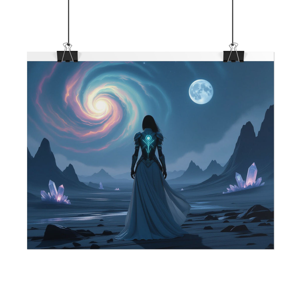 Fantasy Sci‑Fi Poster — Mystical Voyager Under Moon and Spiral Nebula