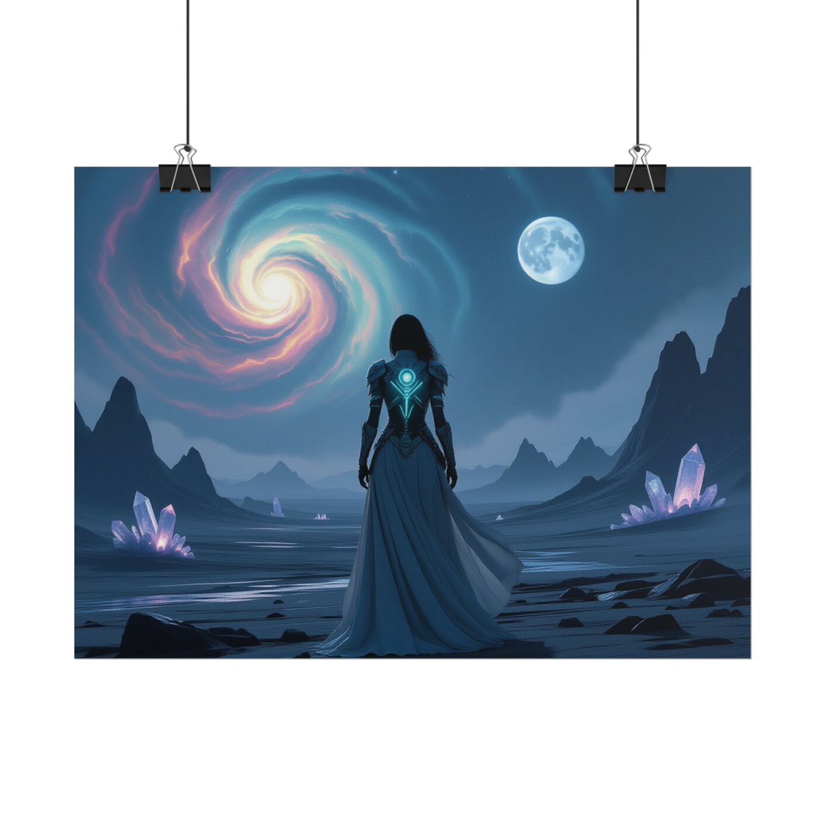 Fantasy Sci‑Fi Poster — Mystical Voyager Under Moon and Spiral Nebula