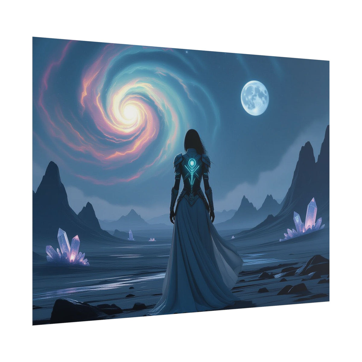 Fantasy Sci‑Fi Poster — Mystical Voyager Under Moon and Spiral Nebula