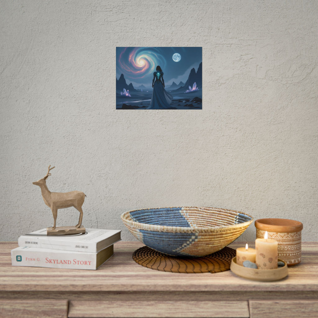 Fantasy Sci‑Fi Poster — Mystical Voyager Under Moon and Spiral Nebula